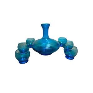 Vintage MCM Italian Blue art Glass Decanter and 6 Glasses Mid Century Modern